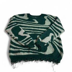 Green Fluffy Sweater Distressed Green Swirl Crewneck Pullover Sweater Junior XL